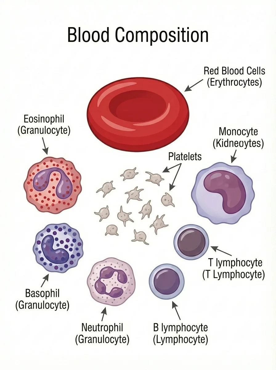Diagrammatic representation of all formed elements in blood: one large red blood cell (RBC), multiple small platelets, eosinophil with red granules, basophil with blue granules, neutrophil with multi-lobed nucleus, monocyte large with kidney-shaped nucleus, T lymphocyte small round, B lymphocyte small round